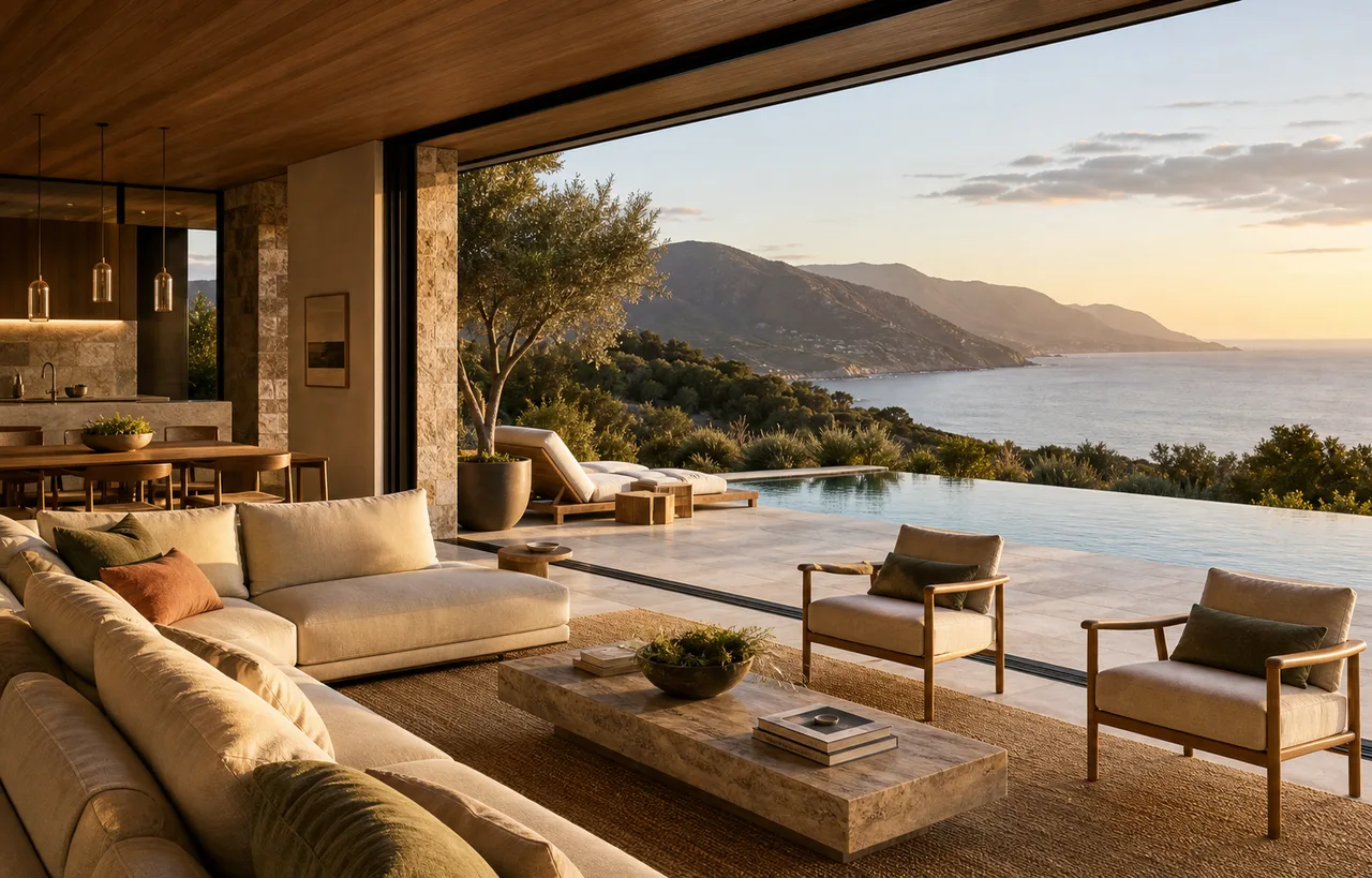 Luxury short-term rental living room opening onto an infinity pool and mountain coastline at golden hour